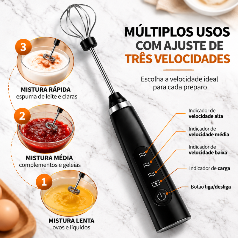 Mixer Batedor Elétrico com 2 Batedores (Fouet + Espiral) e 3 Velocidades