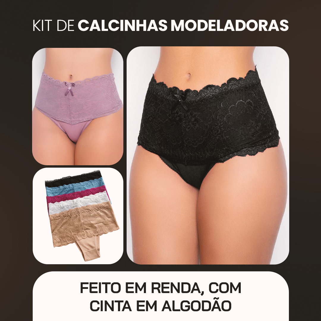 Kit de Calcinhas Modeladora Cinta Alta - Renda Luxo