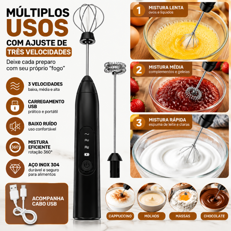 Mixer Batedor Elétrico com 2 Batedores (Fouet + Espiral) e 3 Velocidades